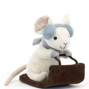 Jellycat Plush Mouse with Blue Earmuffs and Brown Sled
